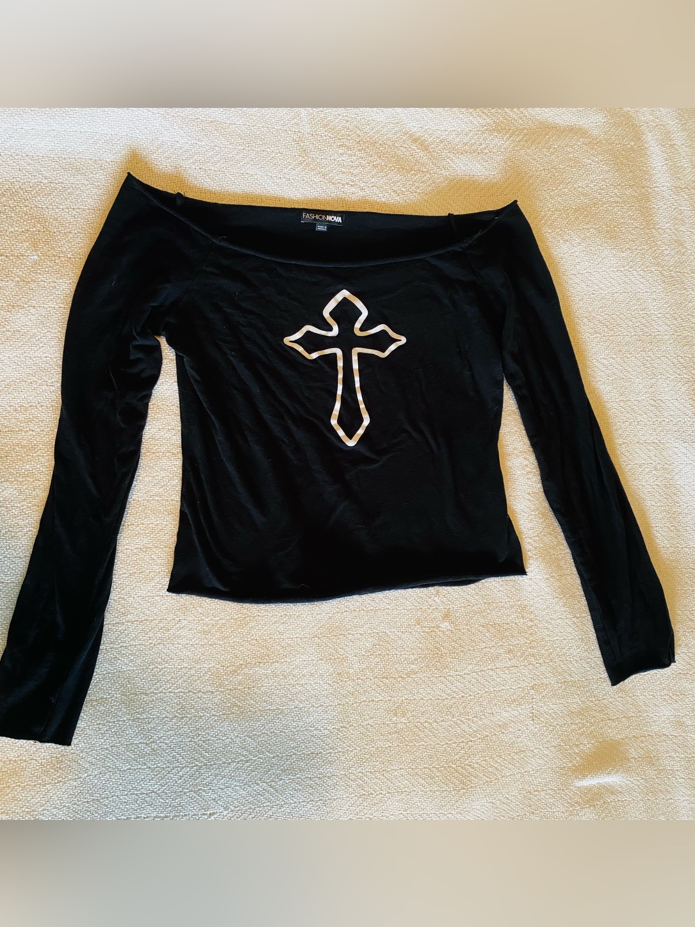 Small Black Off-Shoulder Long Sleeve Top with White Cross